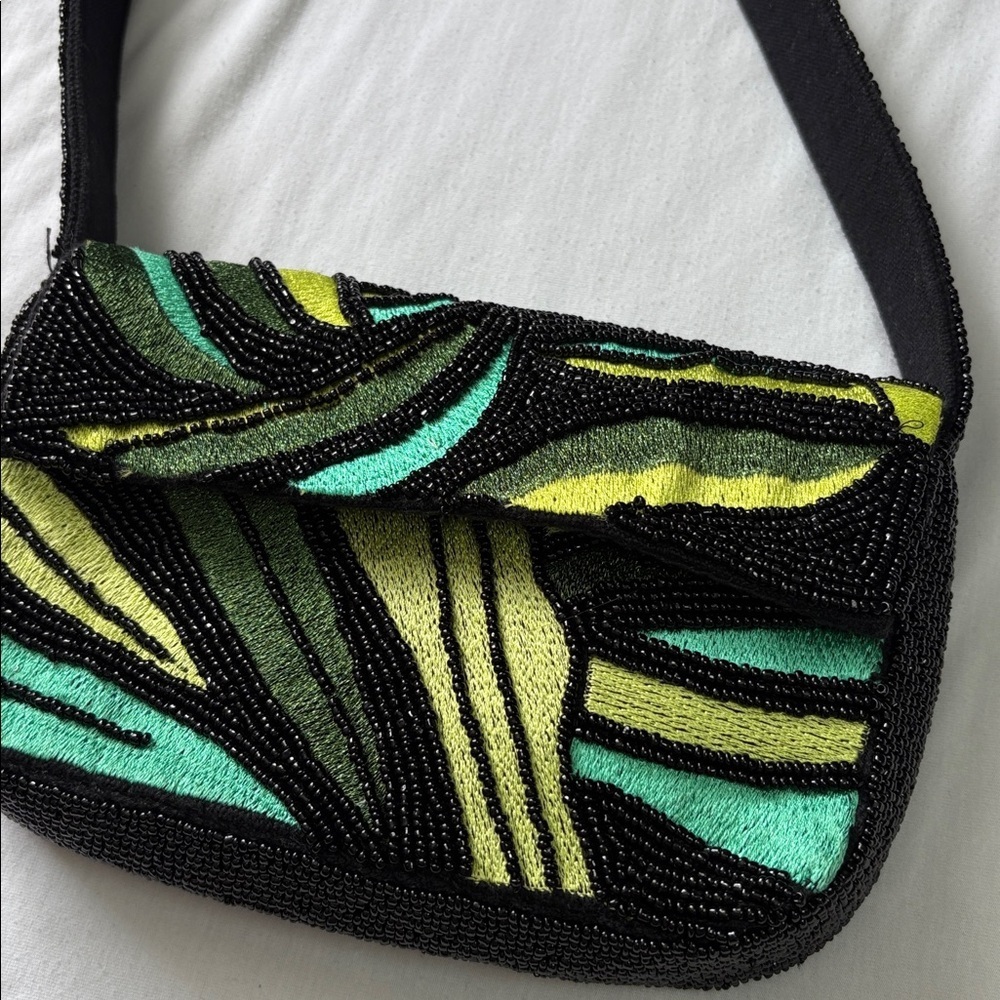 Beaded Black Green Multicolor Shoulder Bag Purse - Picture 2 of 4